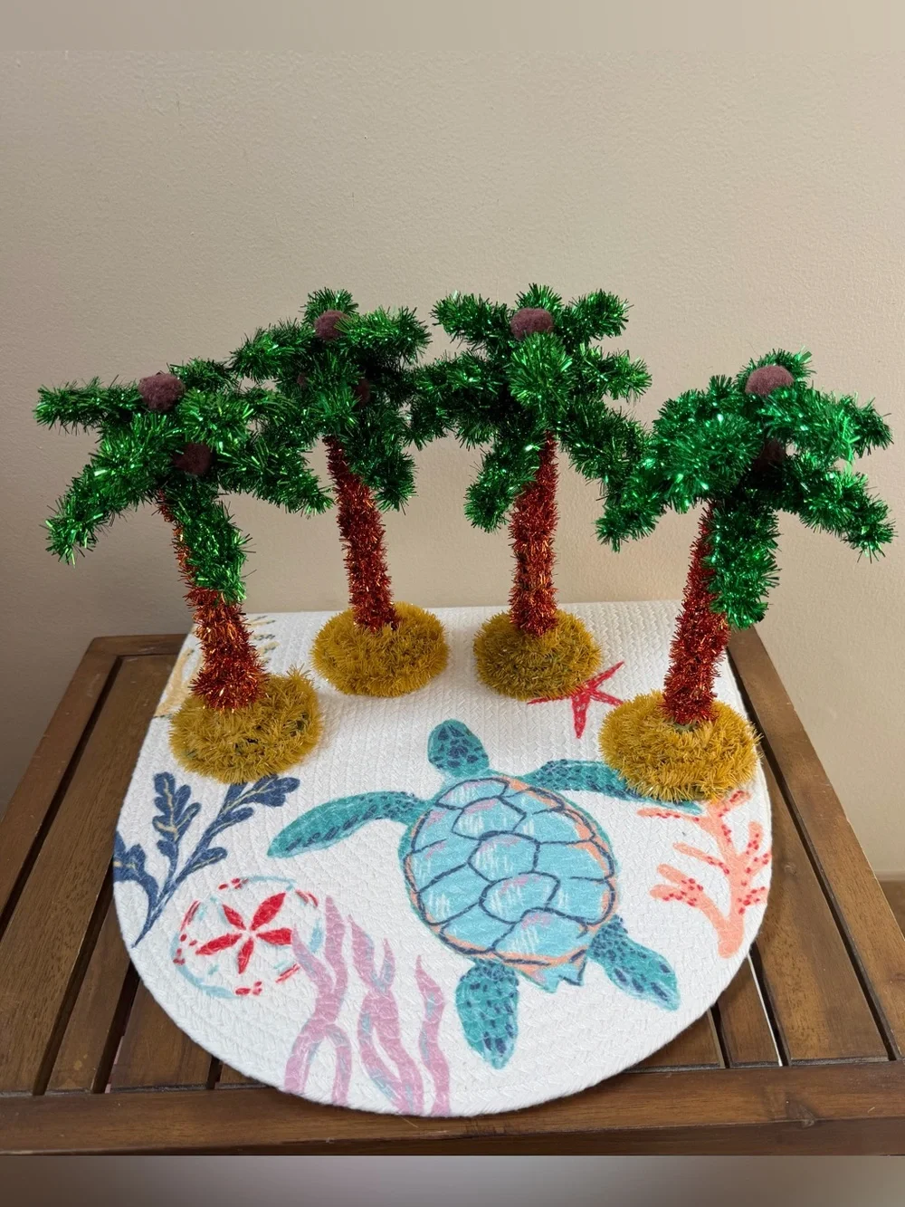 Palm Tree 3D Table Decor - Green & Gold Tinsel Set of 4