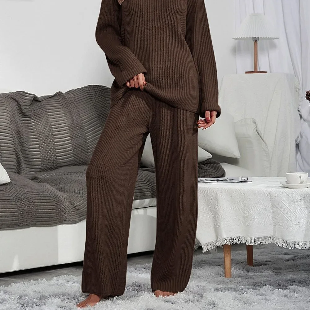 Brown Casual Womens Raglan Sleeve Sweater & Knit Wide Leg Pants