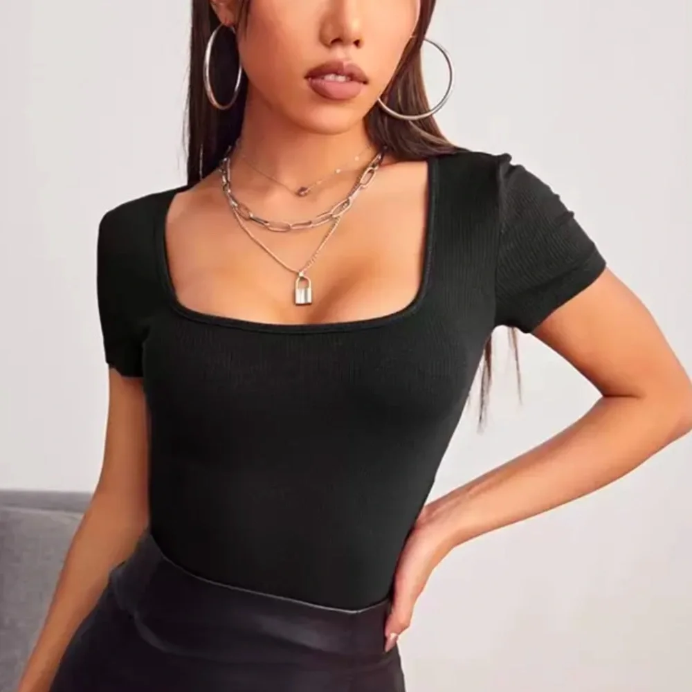 Square Neck Rib Knit Fitted Tee