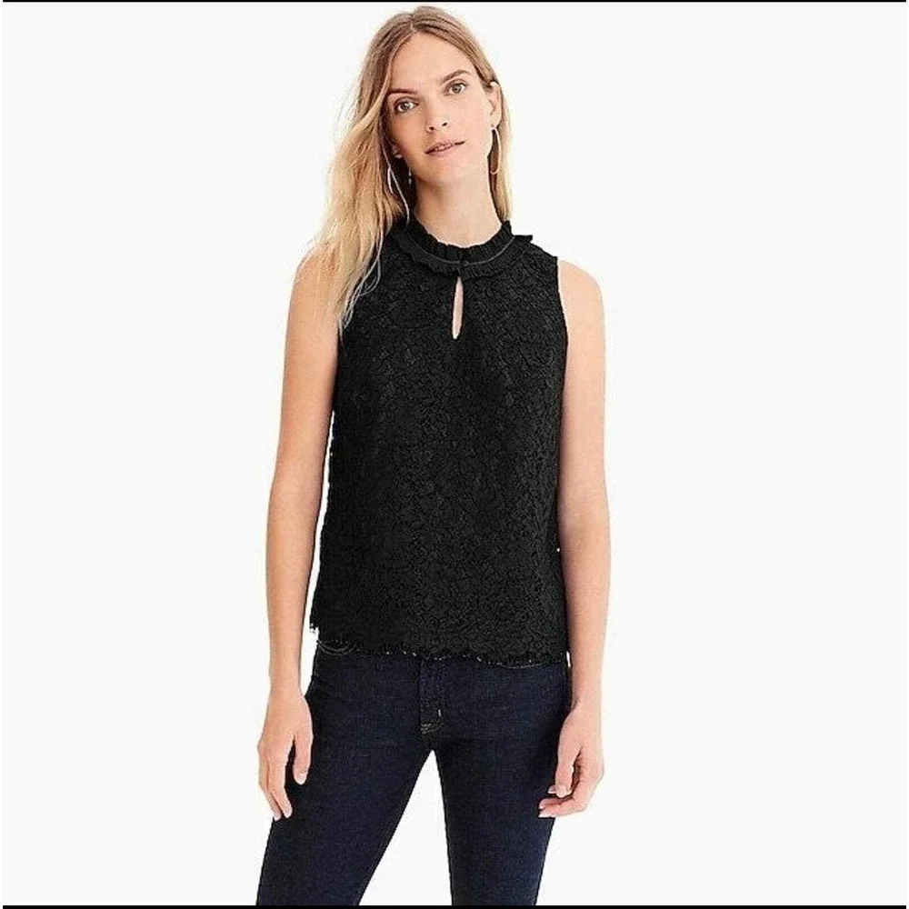 J.Crew Lace Top Ruffle Mock Neck Sleeveless Keyhole Black Blouse Size Tall Small