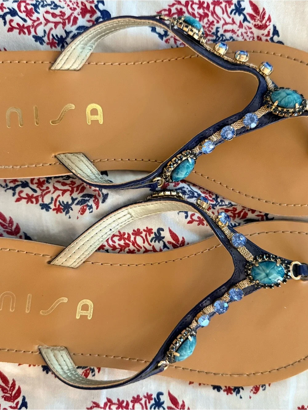 Unisa Navy and Turquoise Jeweled Thong Sandals