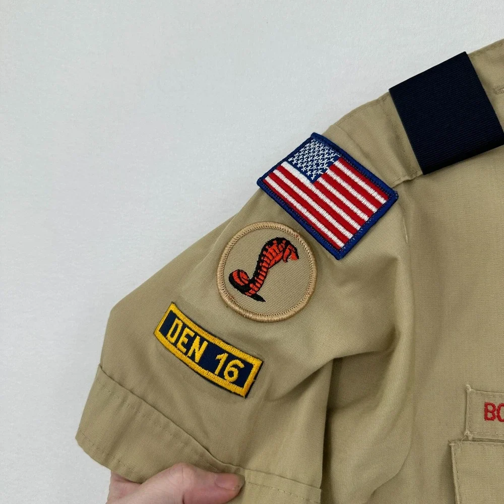 Vintage Boy Scout Of America Shirt Youth Large Tan Button Up Uniform Patches USA