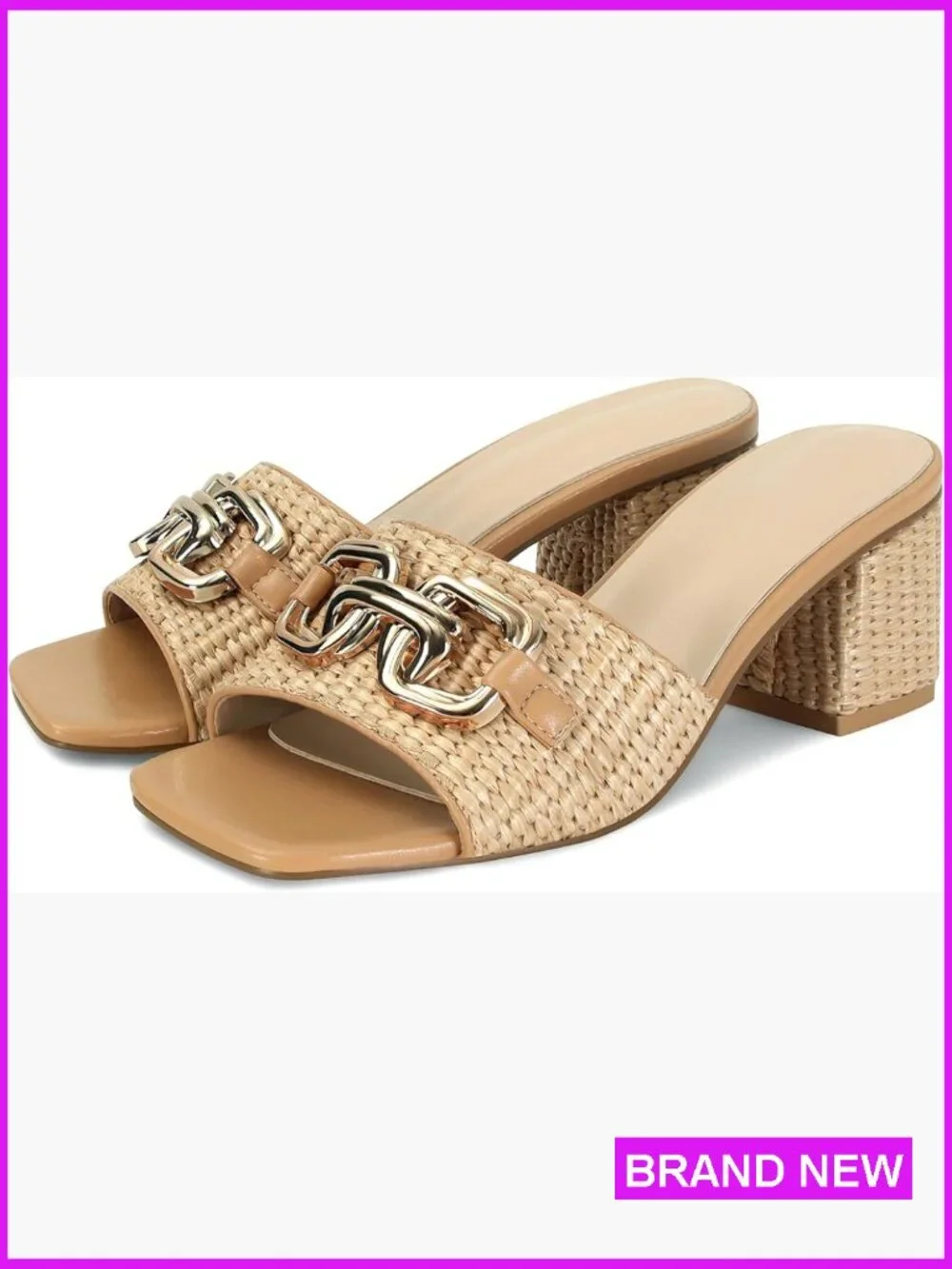 Raffia Square Toe Mules Chunky Block Heels Woven Summer Dressy Strappy Slide