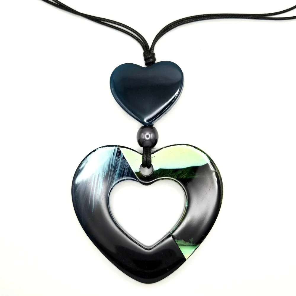 Large Resin Double Heart Pendant Necklace Black Blue Green‎ Adjustable Cord