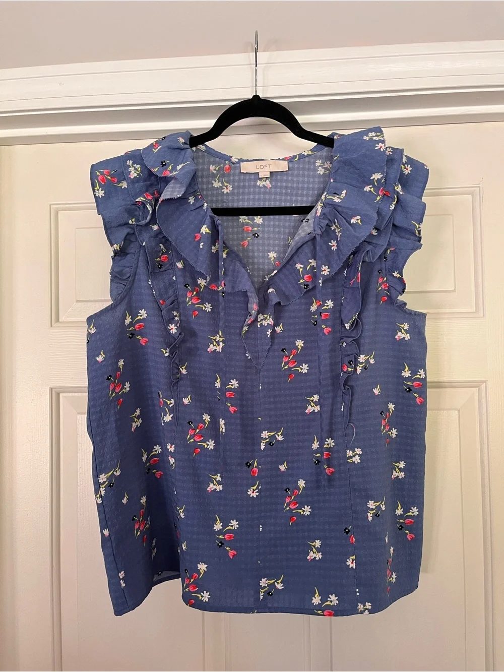 LOFT Blue Floral Ruffle Sleeveless Top