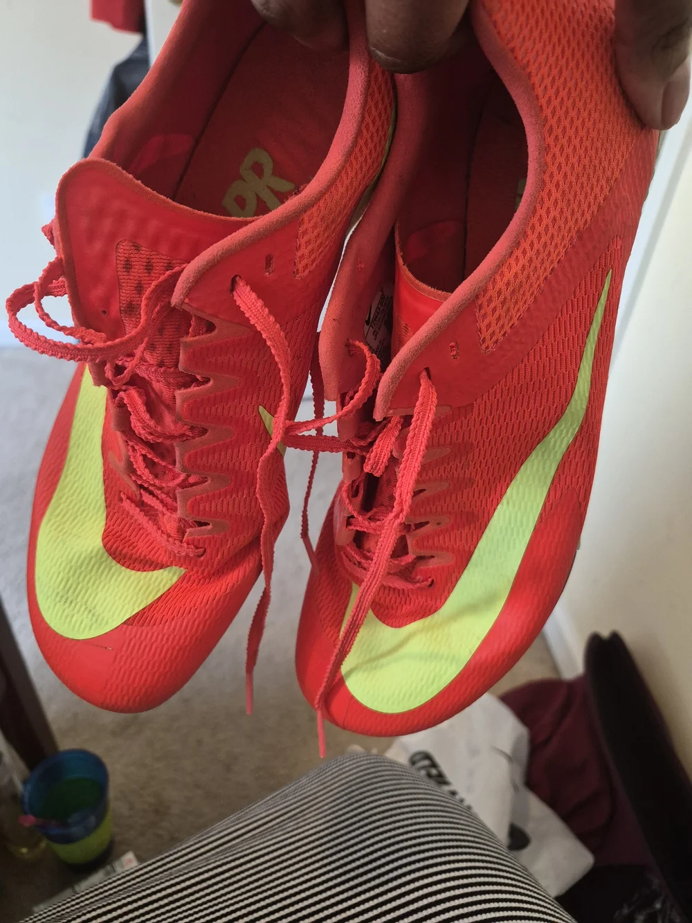 Nike Men's Red Track Cleats with Neon Green Swoosh