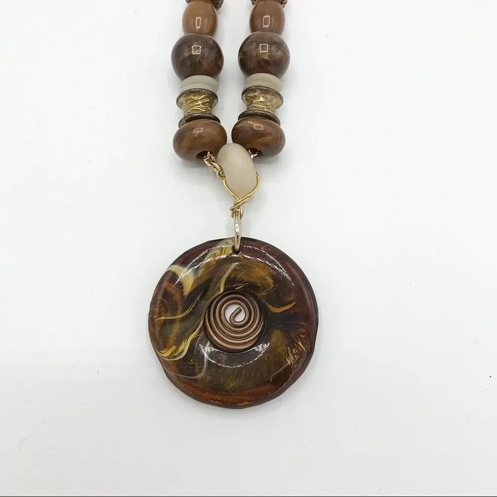 Long Necklace Gold Tone Brown Round Metal Swirl Pendant Beaded Bohemian