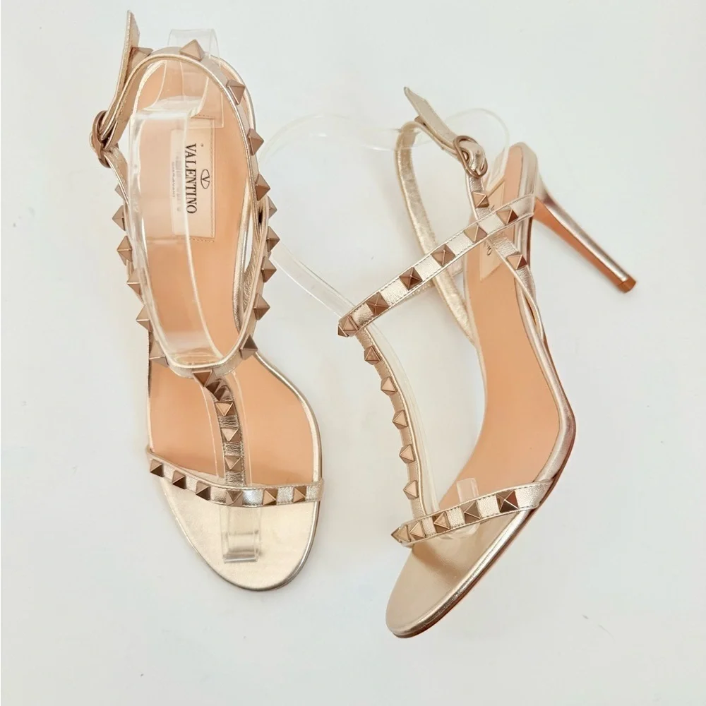 Valentino Garavani Metallic Gold Rockstud Tstrap open toe heels sandals EU 40