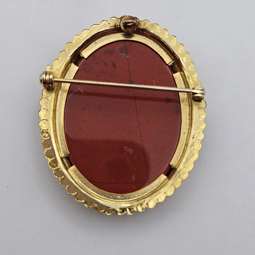 Vintage Orange Stone Oval Brooch Pendant Gold Tone Beaded Frame Victorian Style