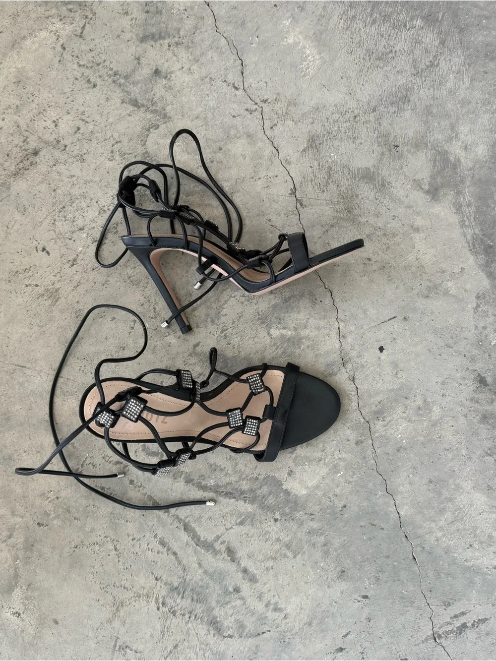 SCHUTZ Black Rhinestone Lace-Up Stiletto Sandals