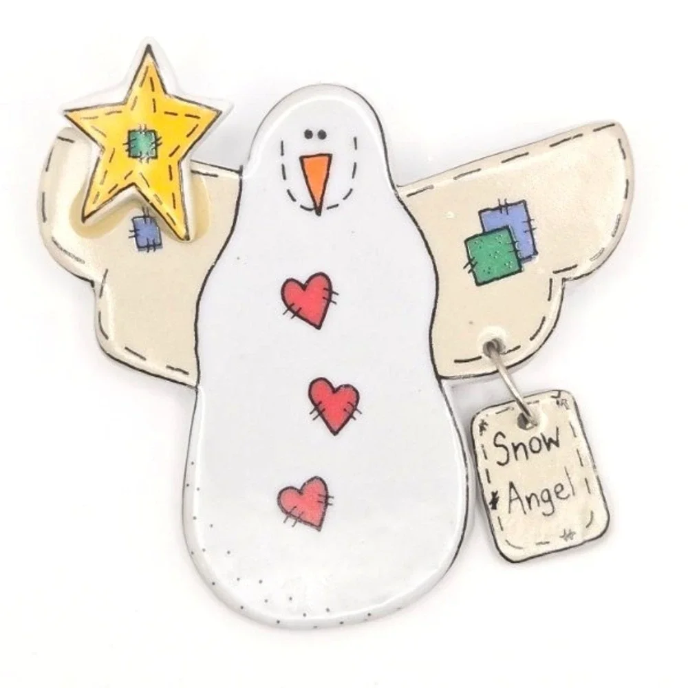 Large Ceramic‎ Snow Angel Pin Brooch Star Christmas Holiday Cute Rustic Country
