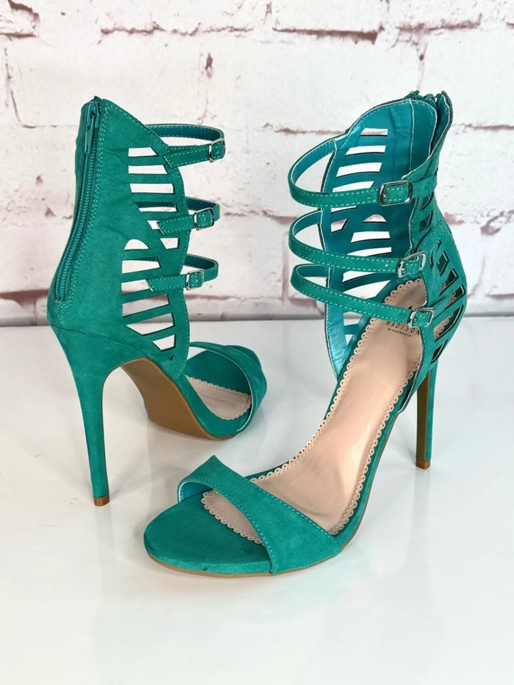 MADISON Teal Cage 3 Buckle Faux Suede Stiletto Open Toe Heels Size 9
