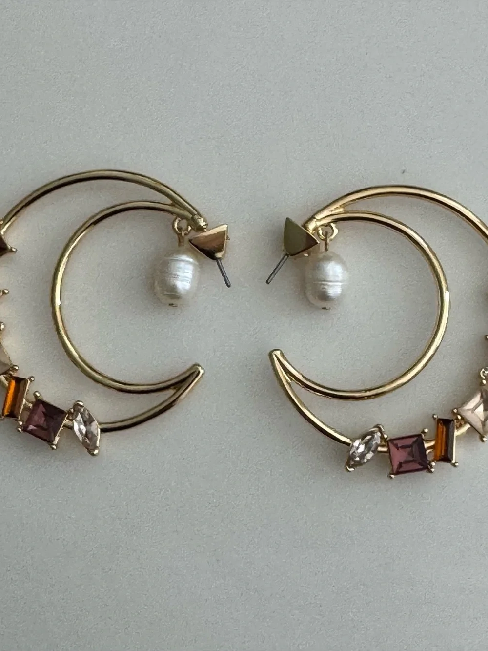 Gold Hoop Earrings with Pink and Amber Gem Accents and Pearl Drop