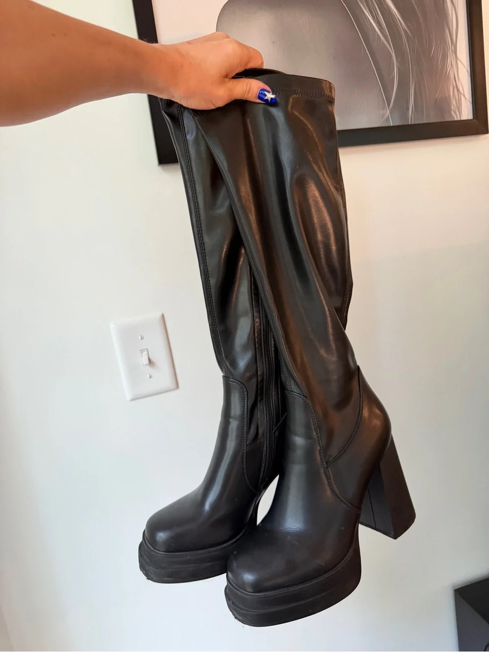 Black Go Go Boots, High Block-Heel Boots - Women