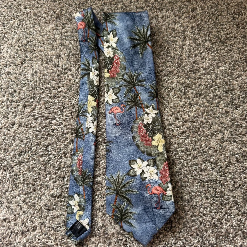 Tropicals by Tango Mens Silk Tie Blue Flamingo Palm Tree Tropical Floral Print