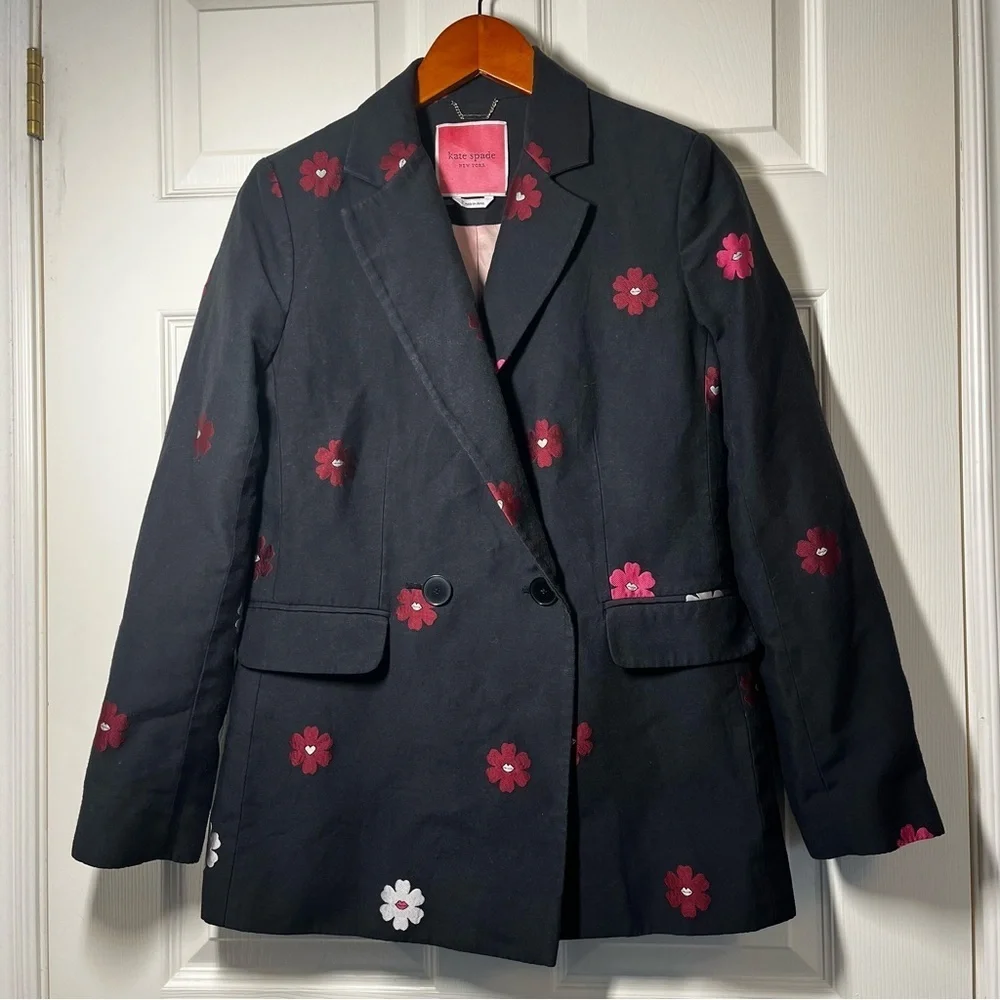 KATE SPADE ♠️ Floral Lip Design Black Blazer Jacket Size 2