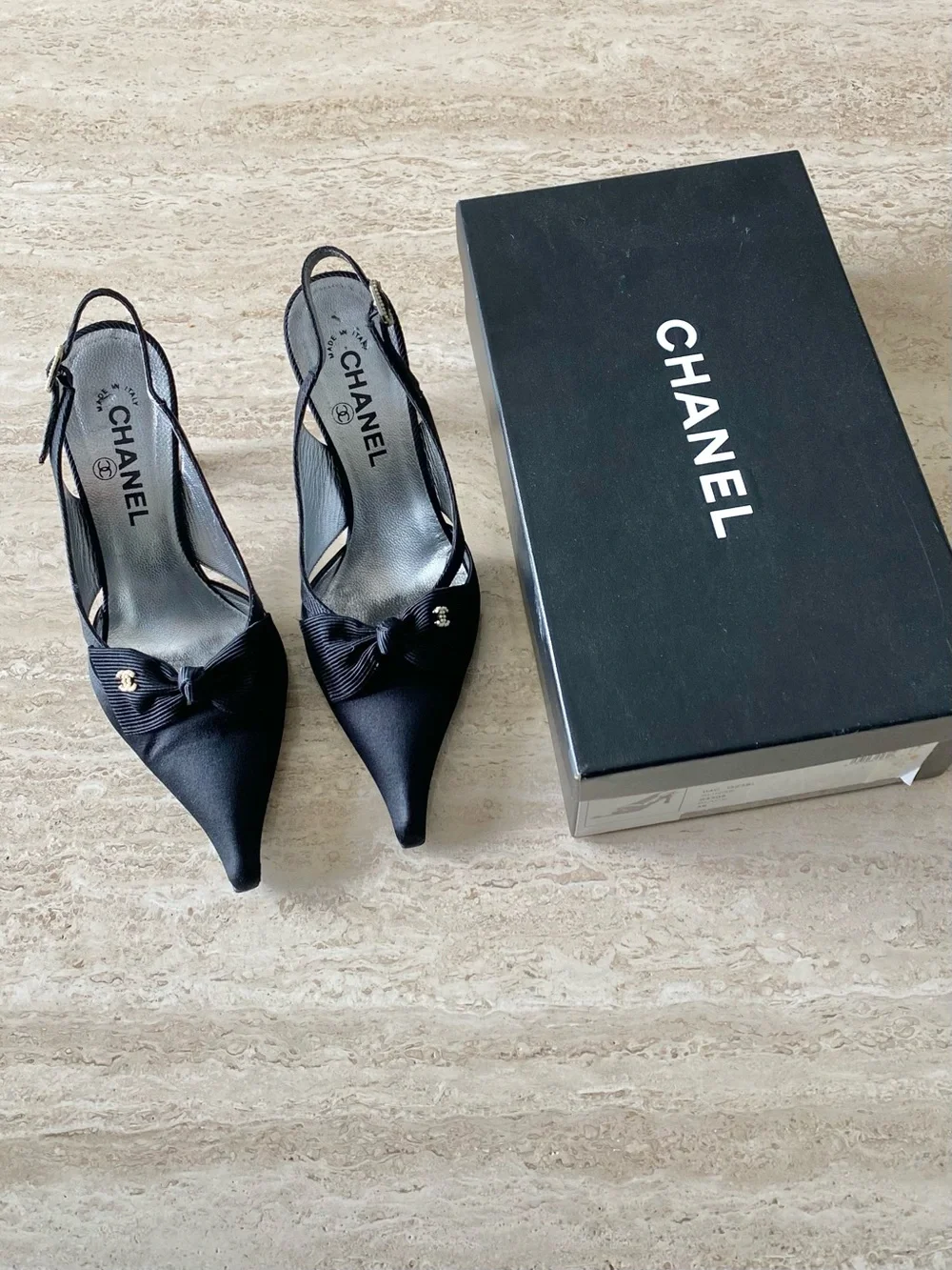 Vintage Chanel Satin Grosgrain Pearl CC Bow Slingback Heels