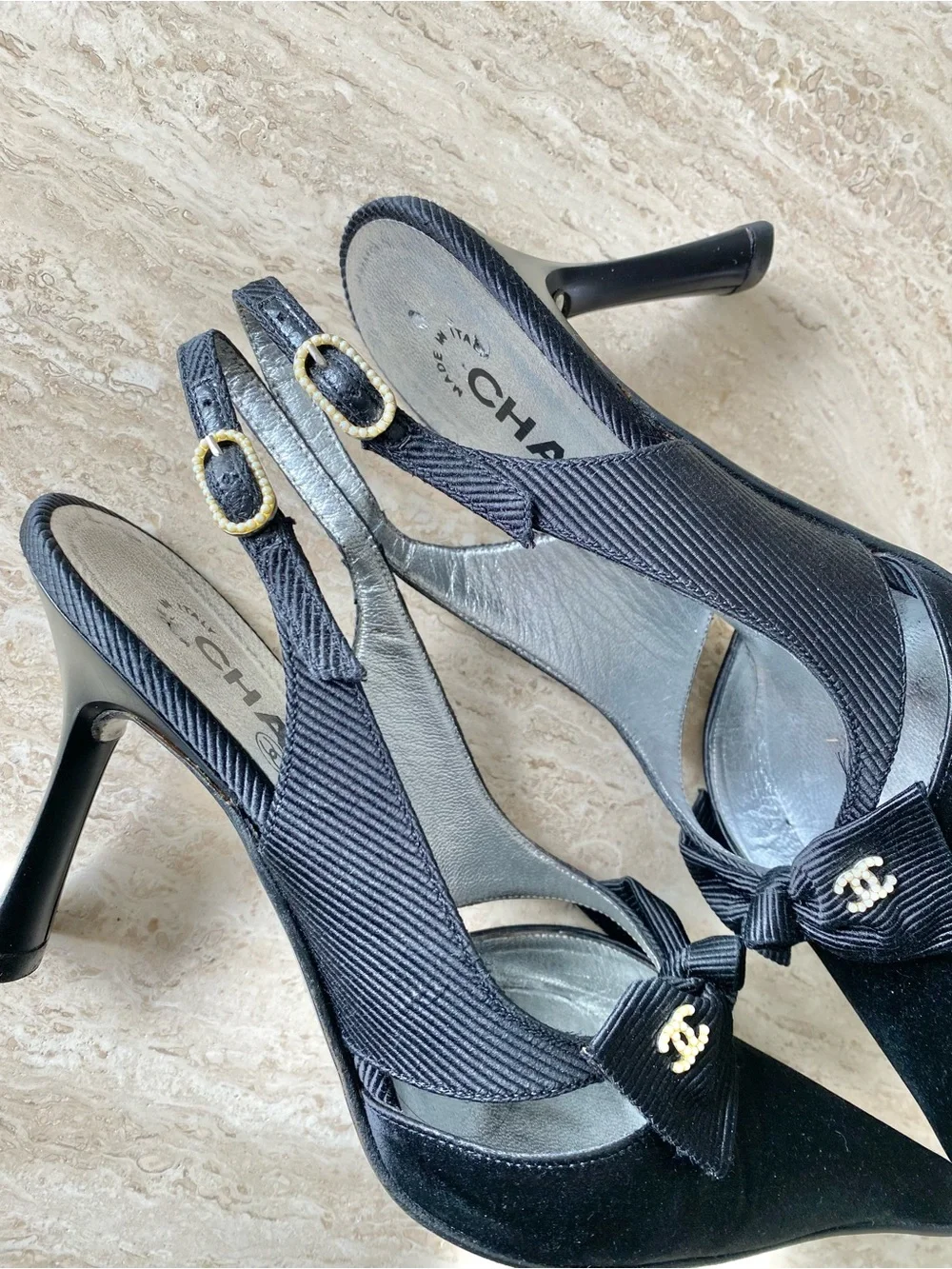Vintage Chanel Satin Grosgrain Pearl CC Bow Slingback Heels