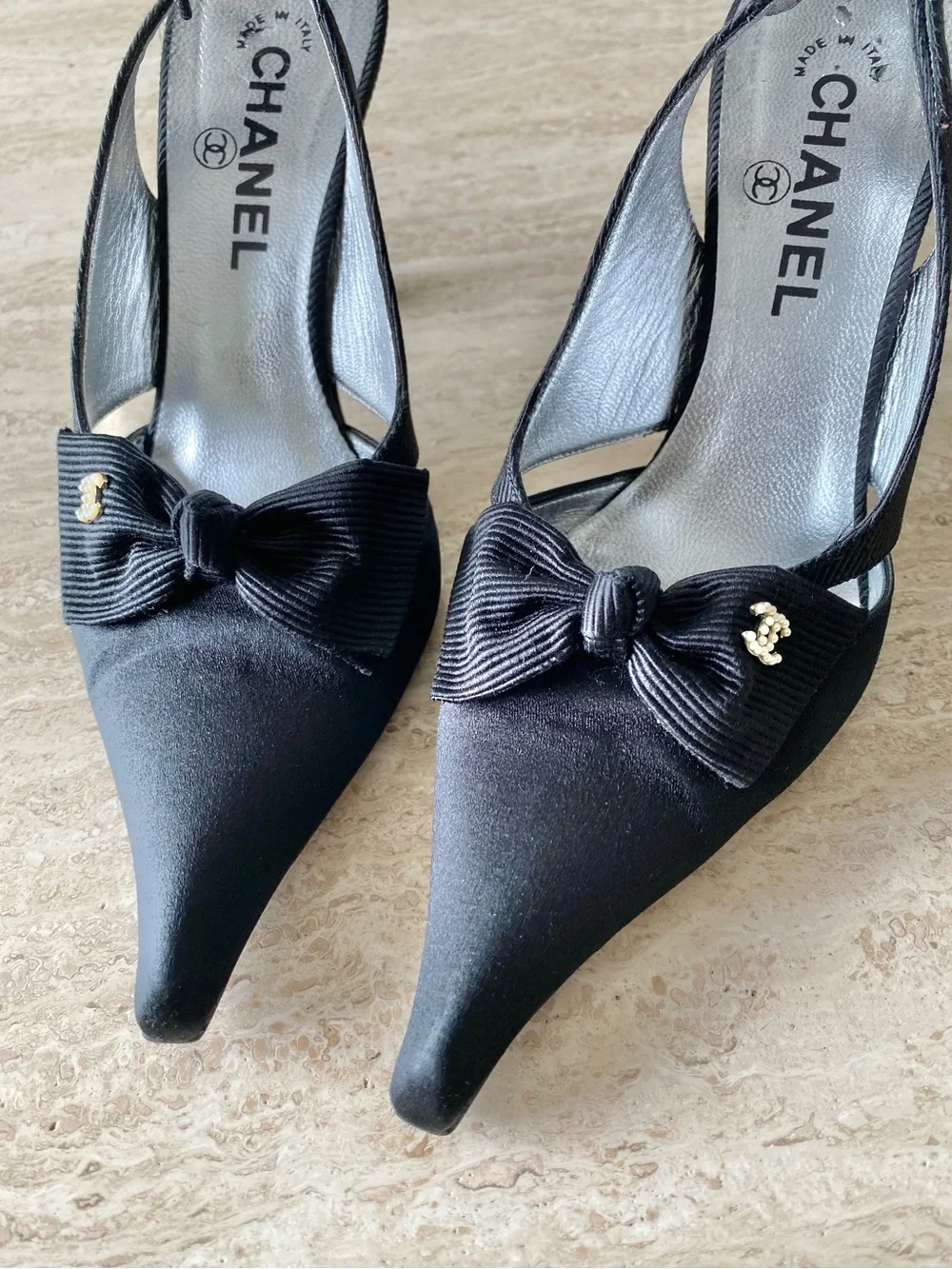 Vintage Chanel Satin Grosgrain Pearl CC Bow Slingback Heels