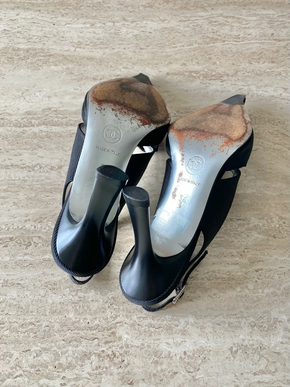 Vintage Chanel Satin Grosgrain Pearl CC Bow Slingback Heels