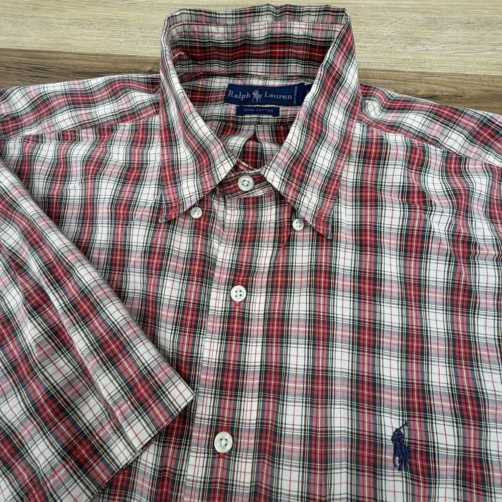 Ralph Lauren Mens L Classic Fit Red‎ Plaid Button Down Shirt Short Sleeve EUC