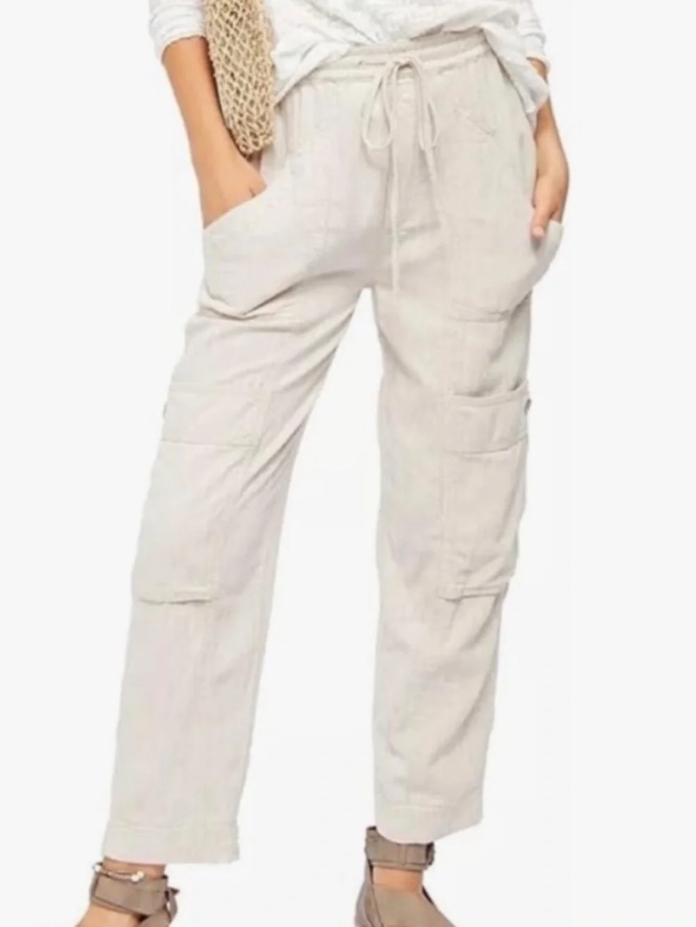 Free People Small Pants Feelin' Good Linen Blend Utility Pockets in Natural NWT