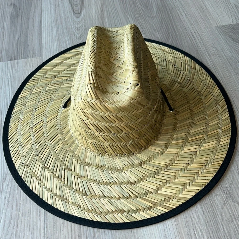 Straw Sun Hat Black Trim S/M 21”Circumference NEW Unisex Beach Casual Summer