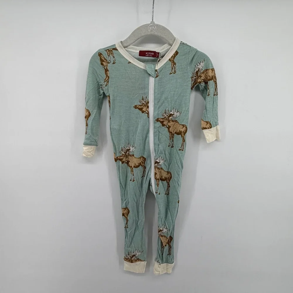 Milkbarn Kids Blue Moose Bamboo Zipper Pajama Romper One Piece Sleeper NWT 9-12M