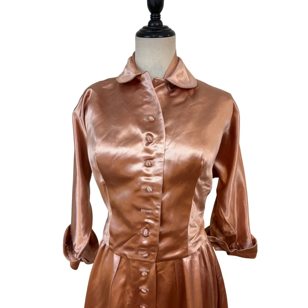 Vtg 50s‎ Slipper Satin Halter Dress Jacket Copper Pockets 2pc Set 28