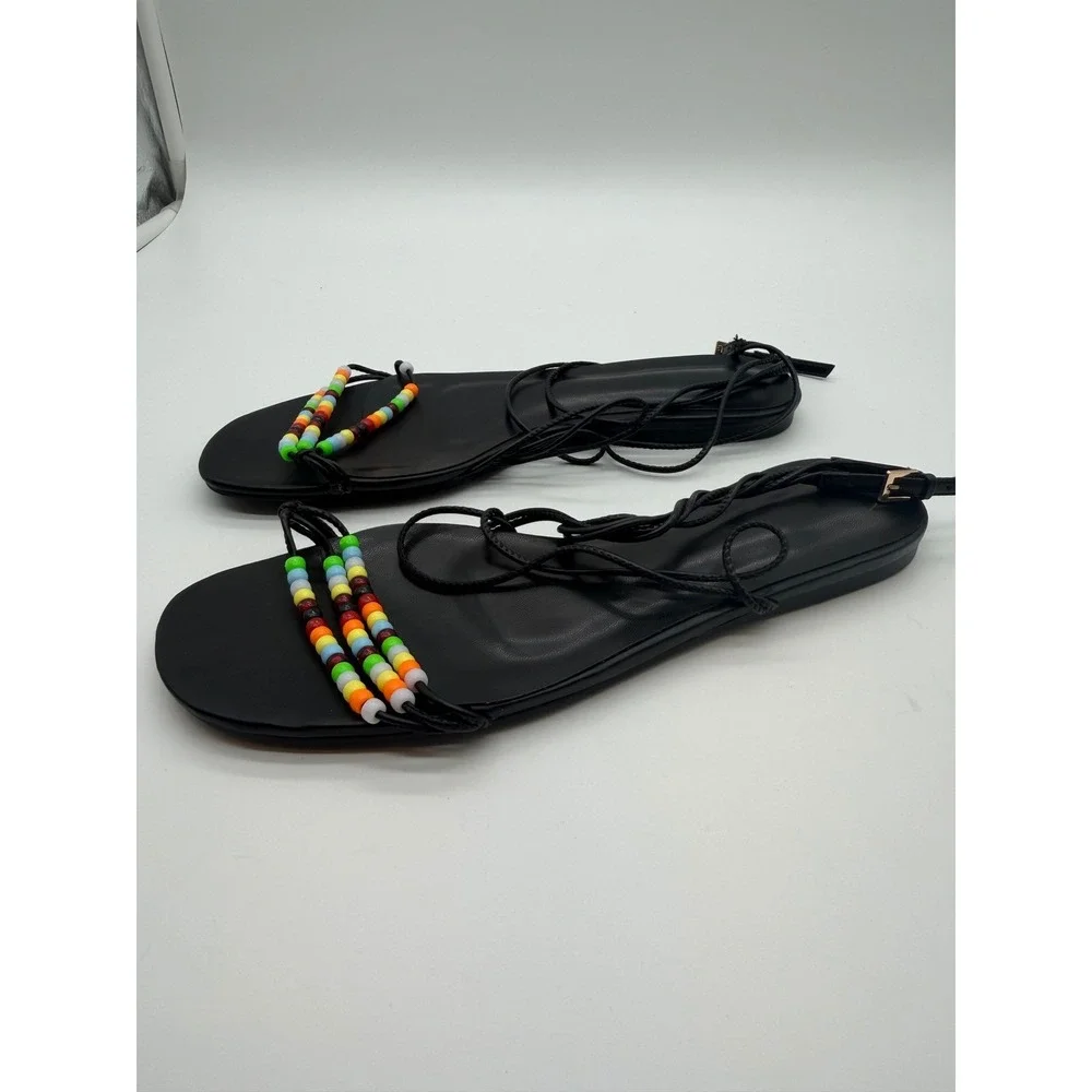 Women Black Beaded Lace Up Gladiator Sandals Flat Boho Shoes 8