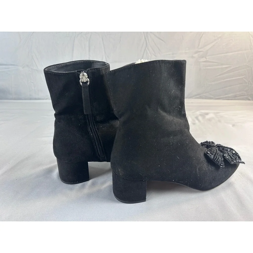 Zara Basic Blk Faux Suede Beaded Bow Ankle Boots Block Heel 6080/201/040 Size 37