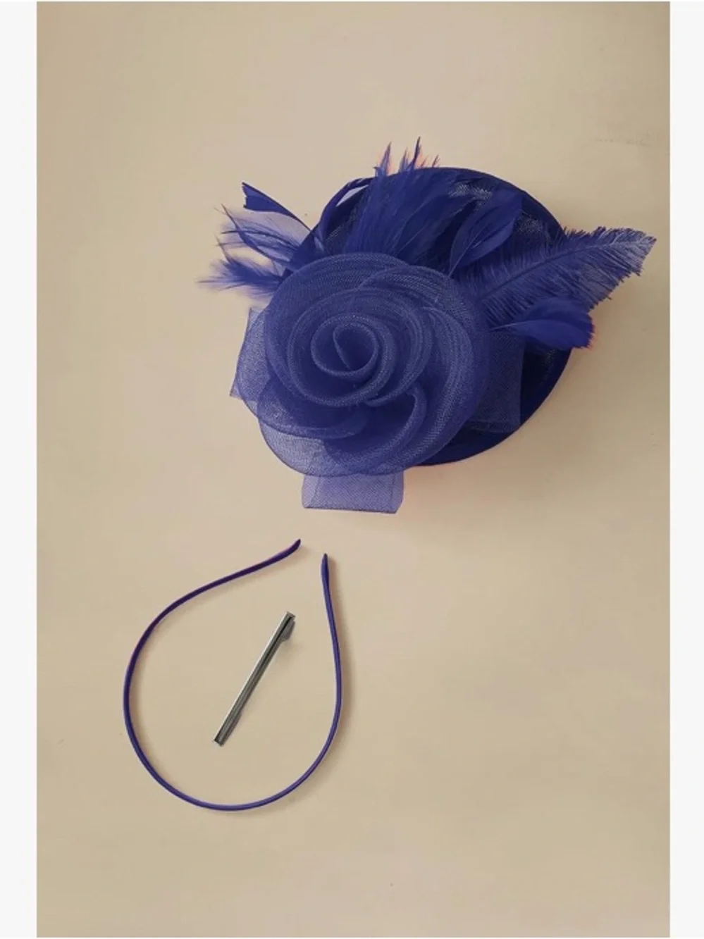 KY Derby Hat Fascinator | Sinamay Floral Feather Cocktail Headpiece Navy Blue