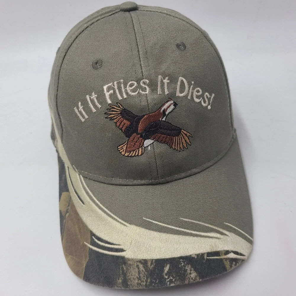 Vintage Pheasant‎ Hat Adjustable (Fits Small) Gray Camo If It Flies It Dies Hunt