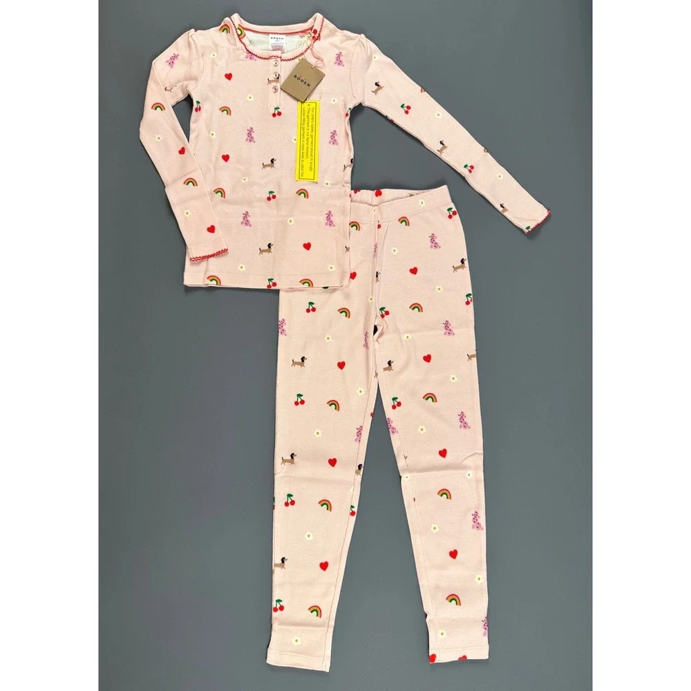 Mini Boden Pajama Set Flowers and Dogs Pink 8Y New With Tags