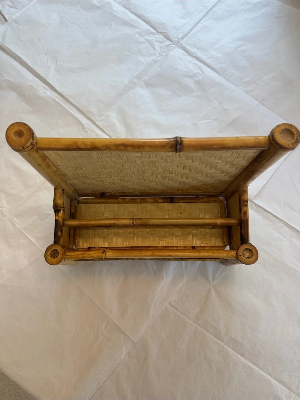 Vintage Burnt Tortoise/Tiger Bamboo Woven Rattan Bench Boho Mail Holder