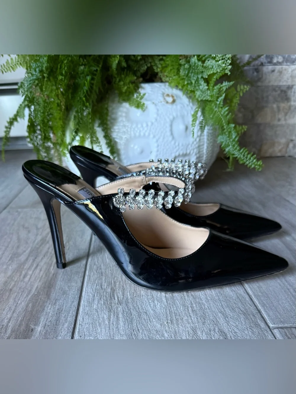 Jimmy Choo Black Patent Crystal Embellished Stiletto Mules