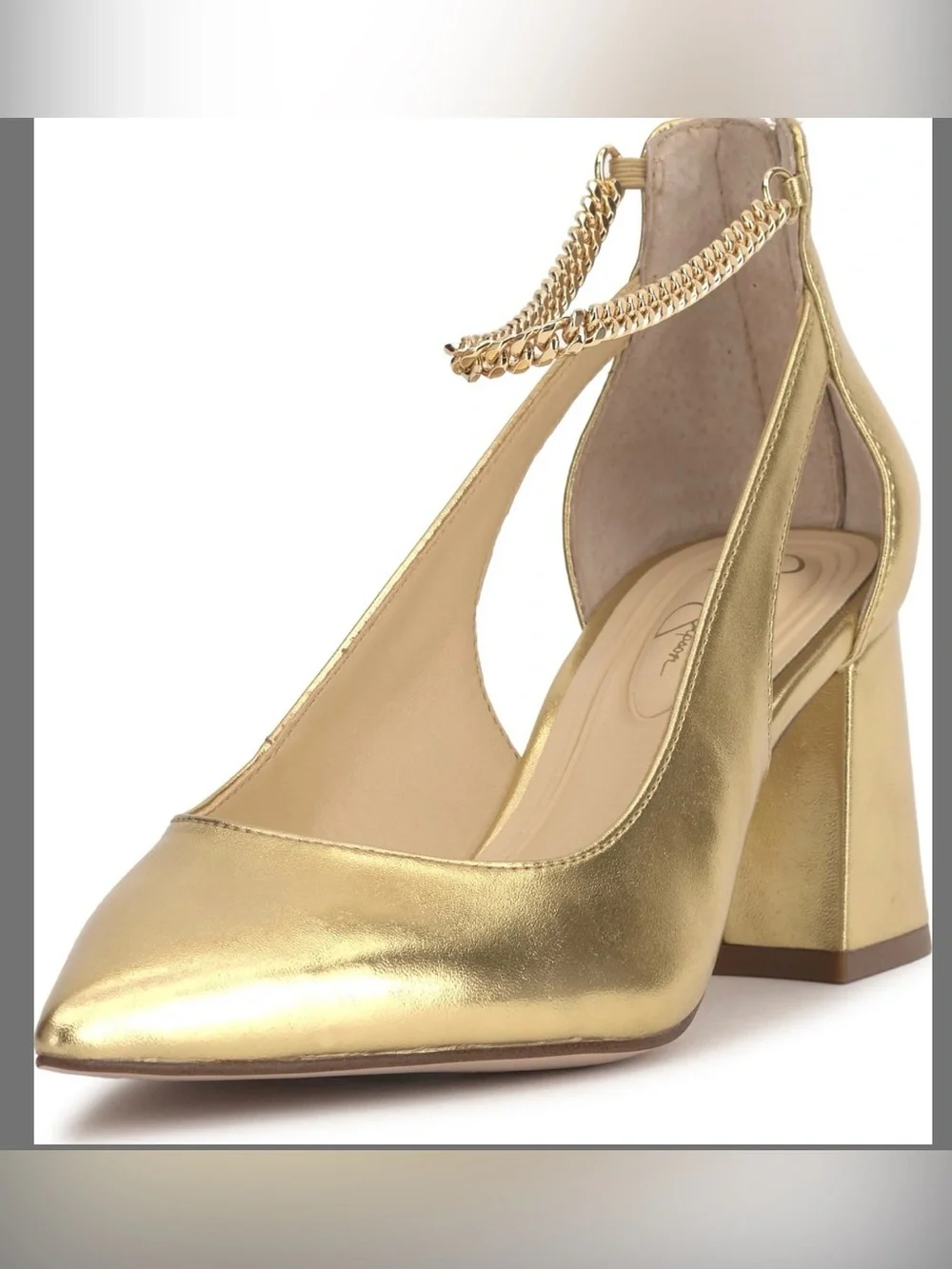 Jessica Simpson Gold Metallic Block Heel Pumps with Chain Ankle Strap