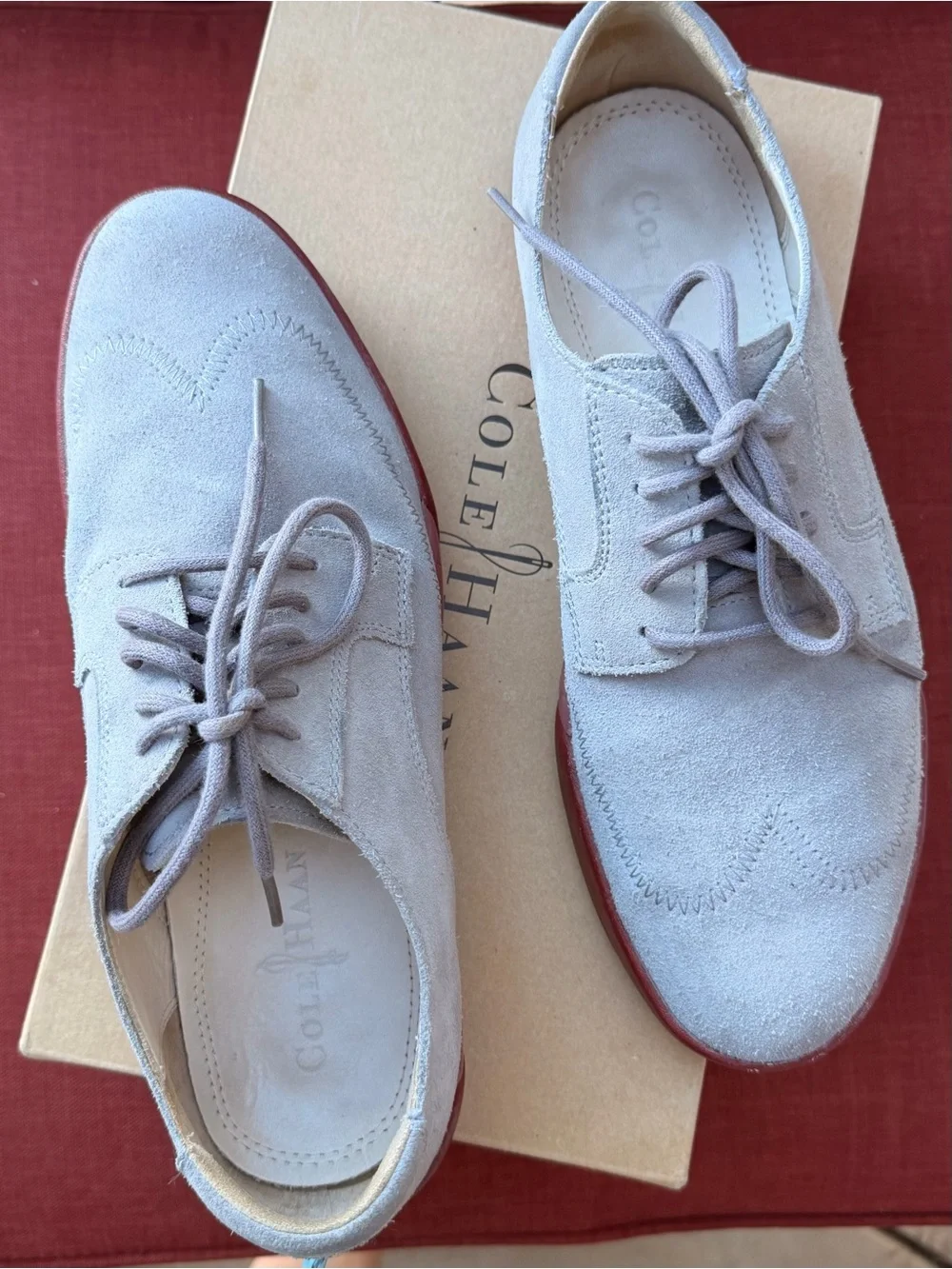 Cole Haan Air Jasper Wingtip Oxfords – Smoke Shade Suede with Red Sole