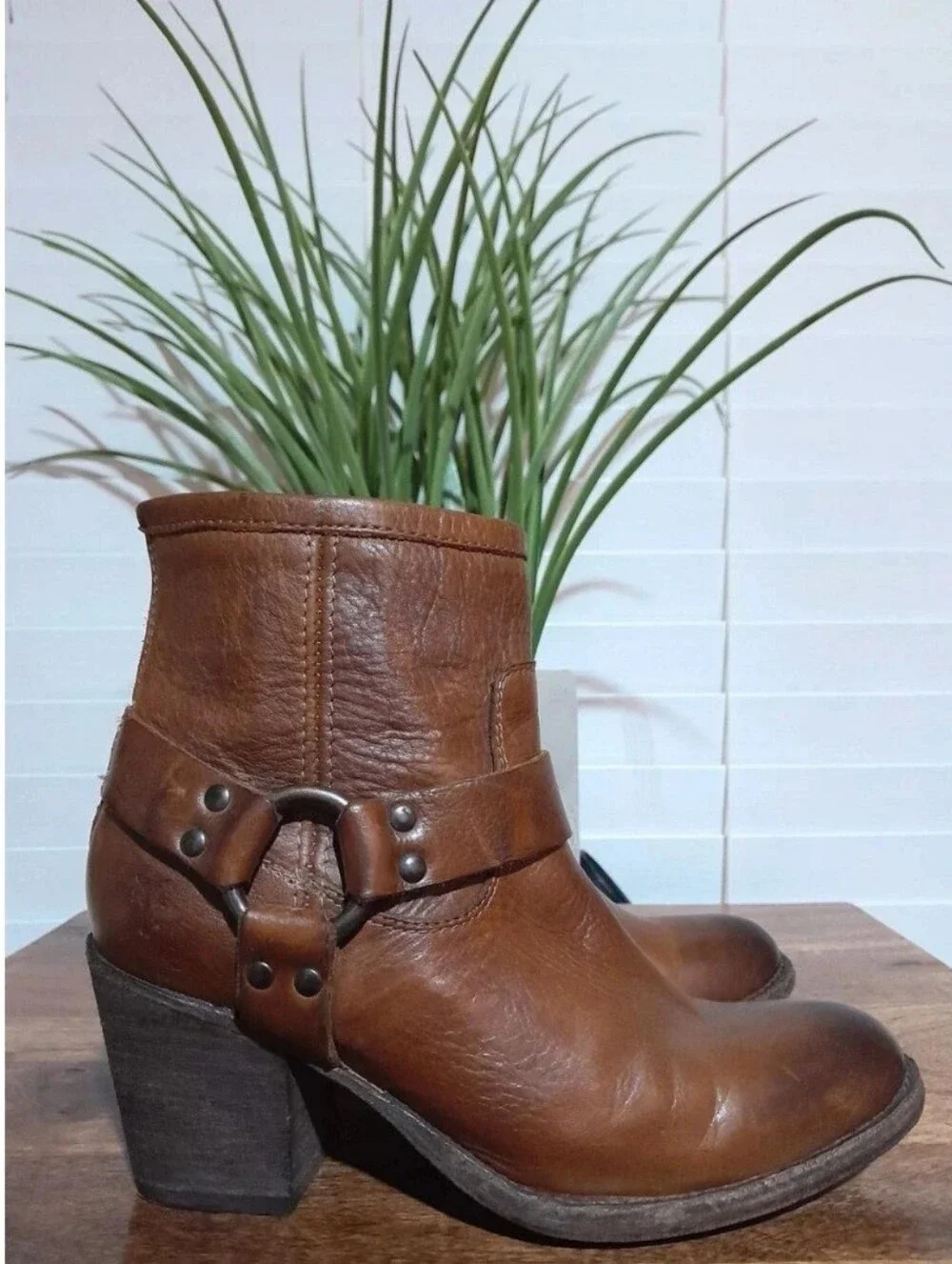 Frye Brown Leather Ankle Boots with Harness Strap
