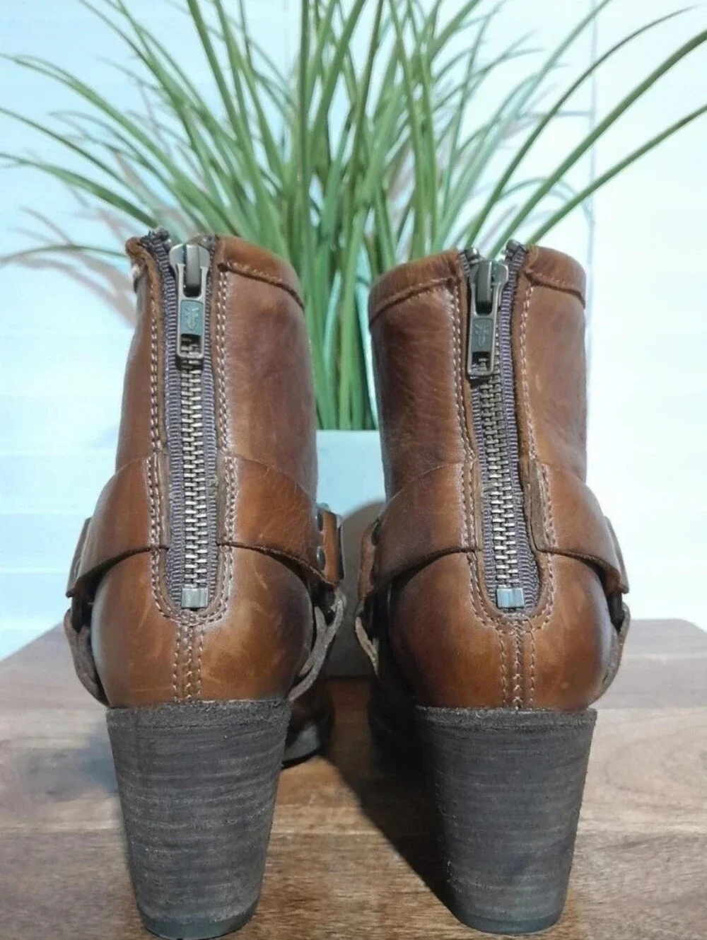 Frye Brown Leather Ankle Boots with Harness Strap