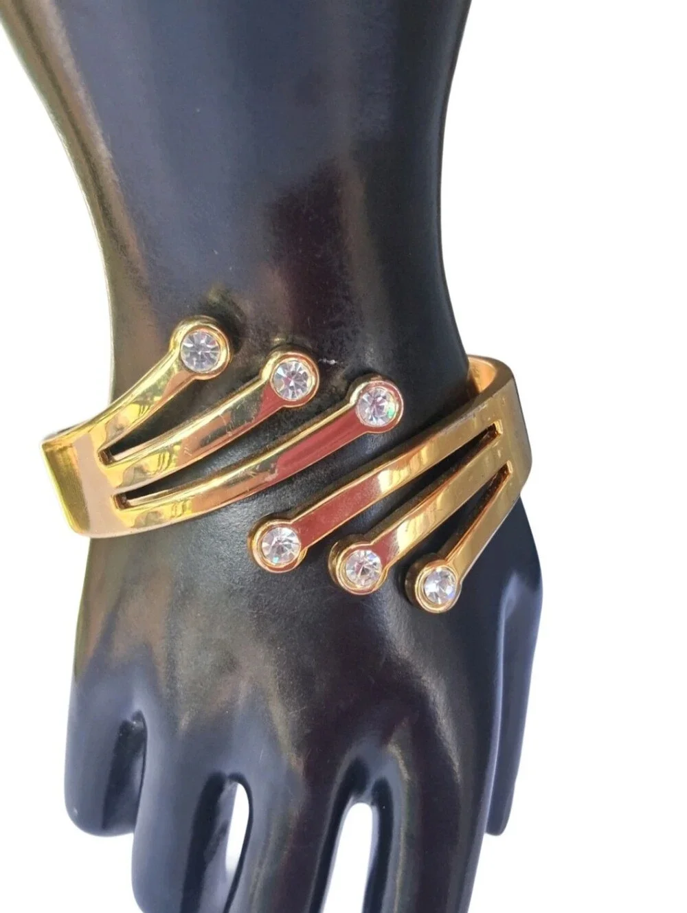 Vintage Gold Tone Rhinestone Bypass Clamper Hinged Cuff Bracelet Statement