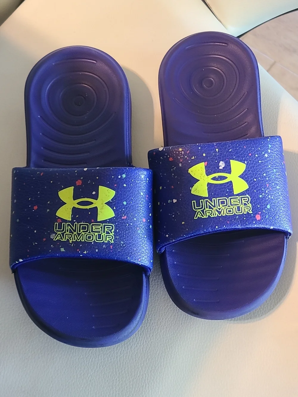 Under Armour Kids Blue-Purple Slide Sandals with Neon Yellow Logo