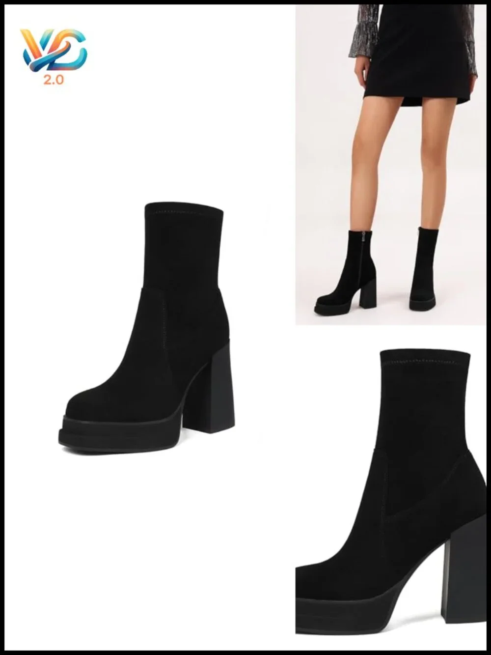 Chunky High Heel Platform Ankle Boots Square Toe Stretchy Combat Booties