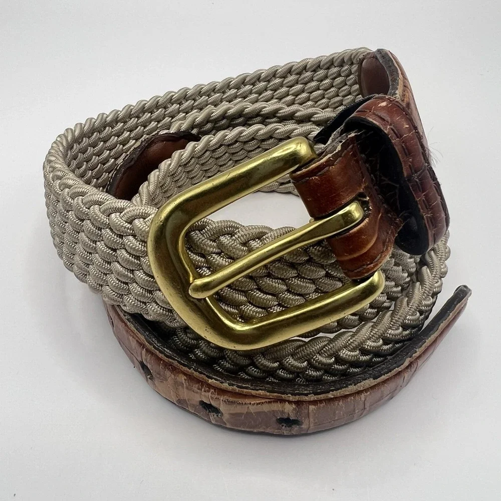 VTG Brighton Woven‎ Textile Belt Men 35-37 Beige Brass Buckle Distressed Leather