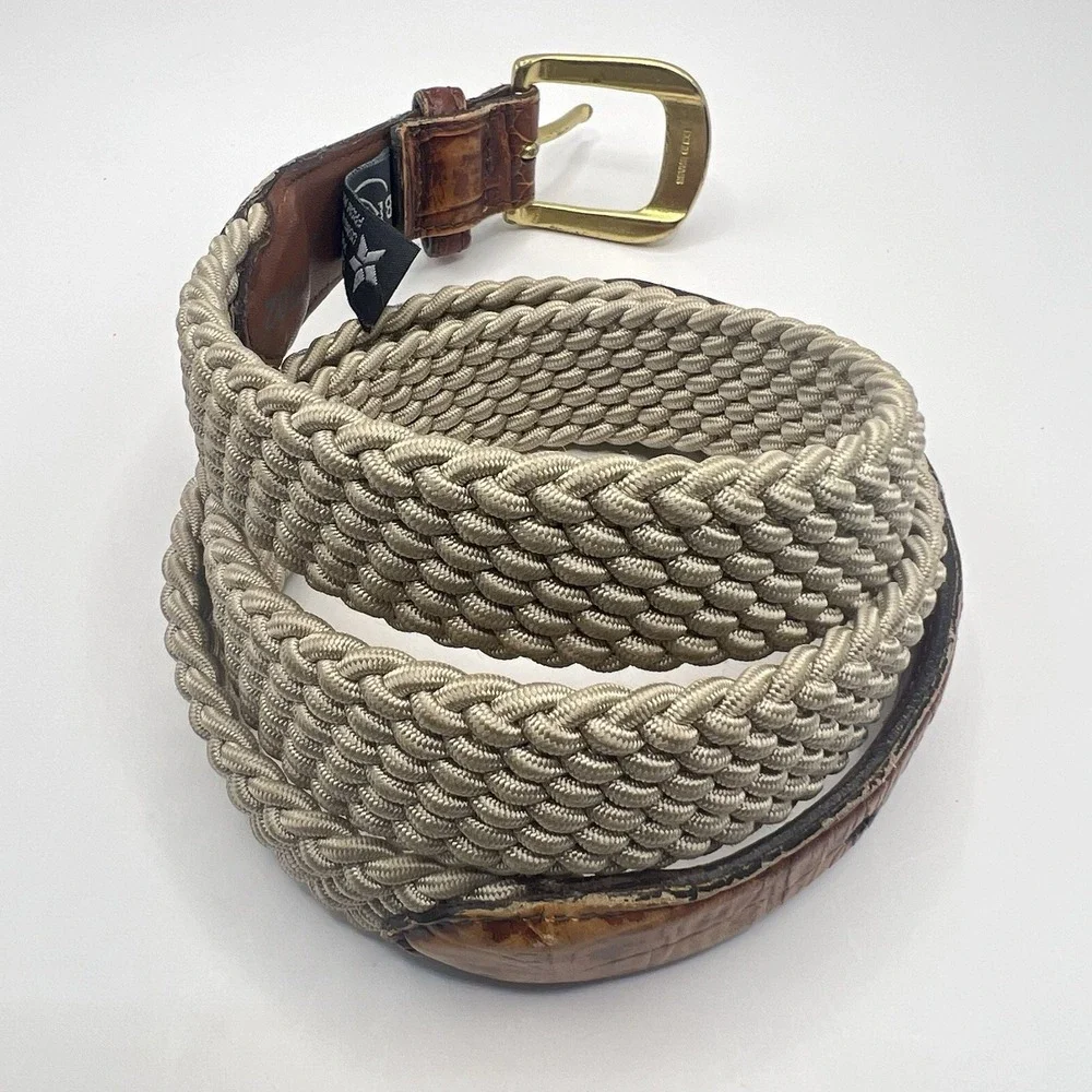 VTG Brighton Woven‎ Textile Belt Men 35-37 Beige Brass Buckle Distressed Leather