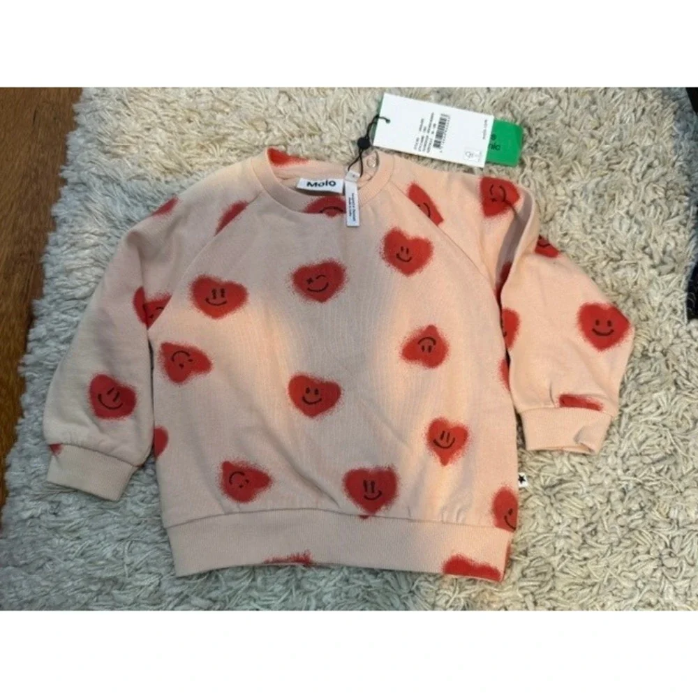 Molo Disc Sweatshirt 80‎ 12M Red Hearts Smiley GOTS Organic Cotton NWT