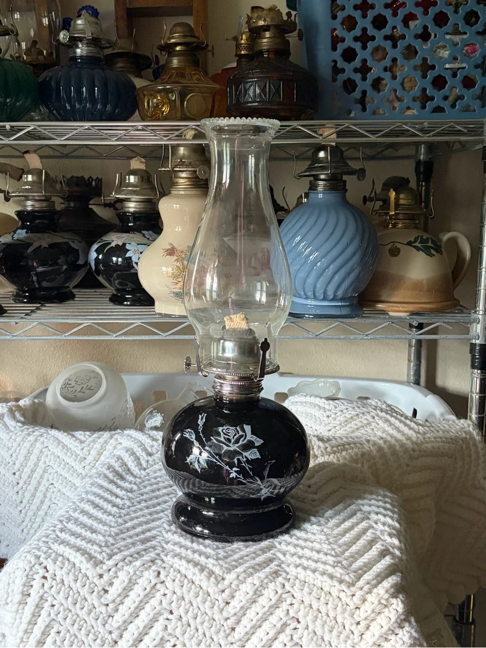 Vintage Black Floral Glass Oil Lamp - Unbranded