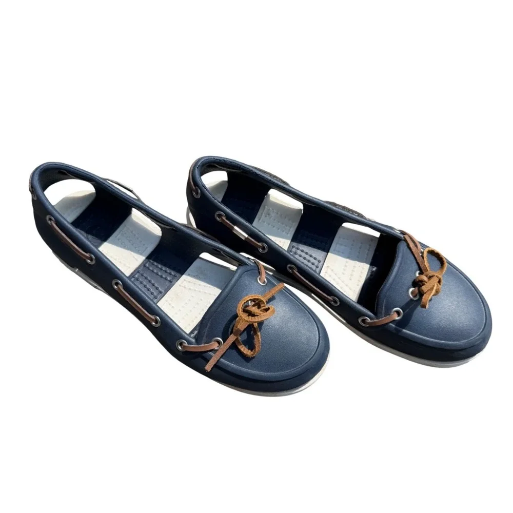 Crocs Beach Line Boat Shoes Navy Blue White Leather Lace Loafers Womens 7