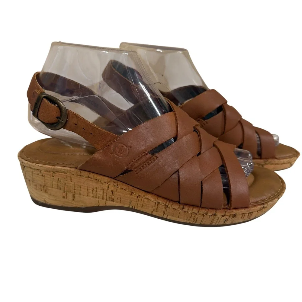 Born Wedge Sandals Womens 8 Brown Leather Strappy Woven Cork Slingback F01206