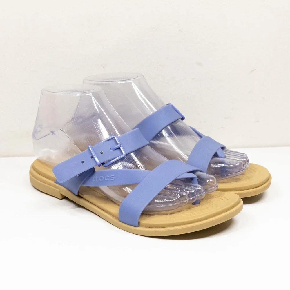 CROCS Tulum Toe Post Strappy Buckle Comfort Sandal Periwinkle Blue Tan Sz 7
